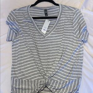 Alya Gray and White Striped Short Sleeve Tee